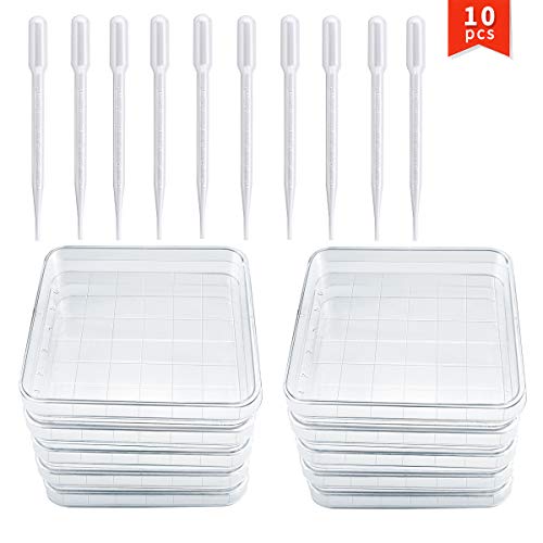 UPlama 10PACK Square Integrid Petri Dish with Lids,4 Inch Square Sterile Plastic Petri Dish Set with 100 Plastic Transfer Pipettes (3ml) Perfect Kit for School Science Fair Projects Birthday Parties