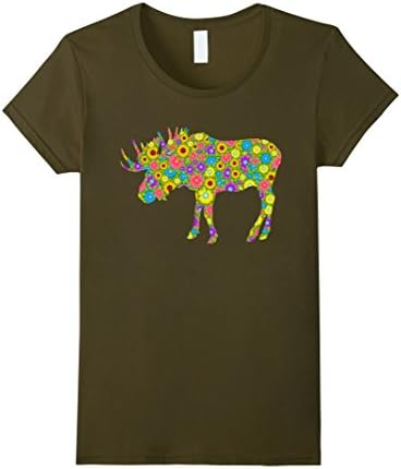 Women's Moose T shirt - Funny Moose Flowers Shirts Medium Olive