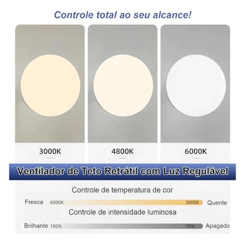 Ventilador de Teto com Controle Remoto Pás Retráteis E27 LED 18W 3 Cores 4 Velocidades Motor Brushless 85-265V
