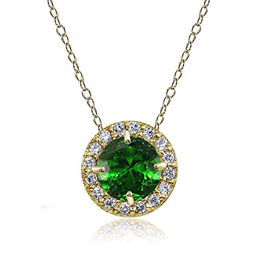 Yellow Gold Flashed Sterling Silver Simulated Emerald and Cubic Zirconia Accents Round Halo Necklace