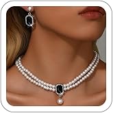 Meztole Pearl Necklace and Earring Jewelry Set for Women,Fake Pearls Necklace White Pearl Rhinestone Choker for Prom Wedding Birthday Bridal Bridesmaid Costume Accessories