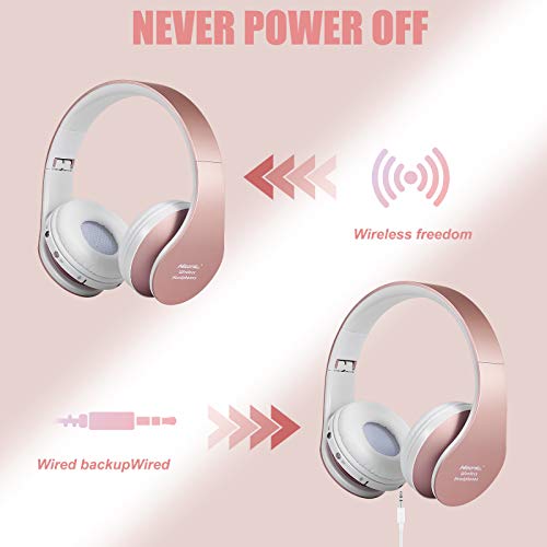 Bluetooth Headphones Wireless, yusonic Foldable Wireless and Wired Stereo Headset Built in Mic for Cell Phones, TV, PC. (Rosegold)