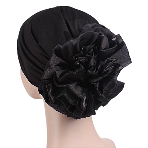 Muslim Women Flower Elastic Turban Beanie Head Scarf wrap Chemo Cap Hat for Cancer Patient (Black)