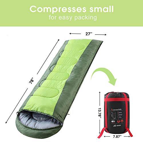 SEMOO Sleeping Bag, Portable Lightweight Water Resistant Temp Rating 42.8F/6C, Comfort 3 Season Envelope Sleeping Bags with Compression Sack Green