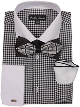 Men's Checks Shirt with High Fashion Bowtie and Handkerchief French Cuff FL628