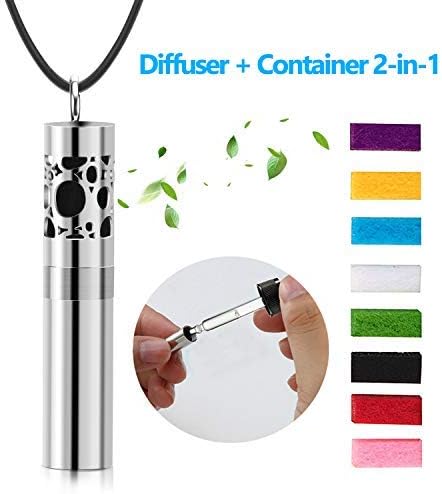 TONY & SANDY Essential Oil Diffuser Necklace with Dispenser and Container 2-in-1 Stainless Steel Aromatherapy Pendant Locket Perfume Bottle with 8 Colors Pads for Women Men Kids Leather
