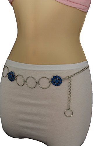 TFJ Women's Fashion Belt Hip High Waist Blue Beads Charms Silver Metal Chain Xs S M
