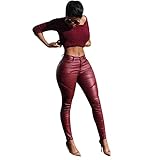 Sexy Women Stretch High Waist Pencil Skinny Pants PU Leather Leggings Trousers (M, Red)