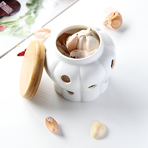 MEKBOK Garlic Keeper,Garlic Keeper for Counter,White Ventilated Garlic Container,Ceramic Garlic Storage Container with Bamboo Lid