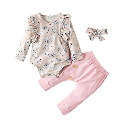 Little Story 0-24M Middle and Small Children's Girls Long-Sleeved Flying Sleeves Floral Hakama Climbing Suit + Trousers + Pink