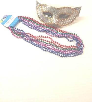 by Mardi Gras Masquerade Party Mask Metallic Beads Beaded Necklace Purple Green Blue Set Silver