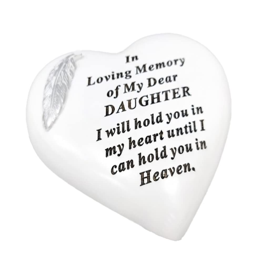 Memorial Stone Heart Plaques Grave Ornaments - Personalised Grave Decoration White & Silver Plaques with Feather- Outdoor Memorial Plaques 15 x 15cm (Daughter)