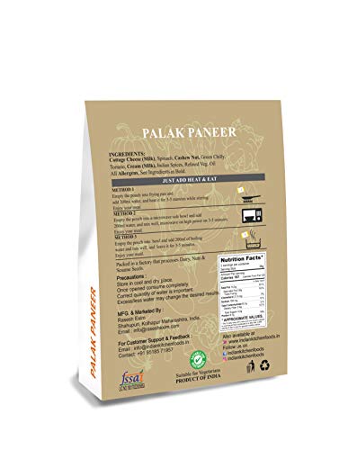 Spinach with Cottage Cheese and Sauce (Palak Paneer) - Pack of 4 Freeze Dried Gourmet Indian Entree Ready-to-Eat Vegetarian Meal for Indian Kitchen Foods - Each Rehydrated Wt. 9.50 oz