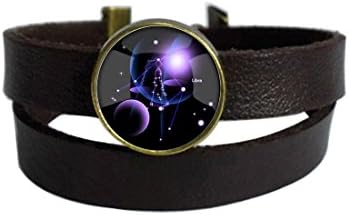12 Constellations Libra Dark Brown Leather Charm Bracelet Keychain Round Glass Cabochon Dome Pendant Stainless Steel Metal Handmade Wrap Around Wristband Bangle for Women Men Best Friend