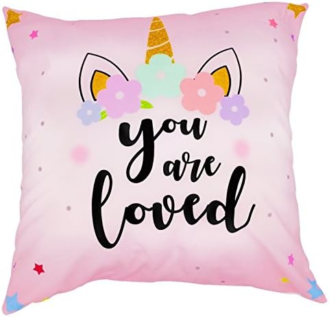 18 x 18 Inch Square Pink Unicorn Throw Pillow Cover with Quote You are Loved