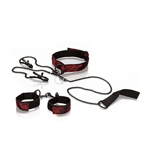 CalExotics Scandal Submissive Kit – Restraint Collar with Leash Nipple Clamps & Handcuffs – BDSM Fetish Play Toy for Couples – Sexy SM Bondage Restraint Lingerie – Black