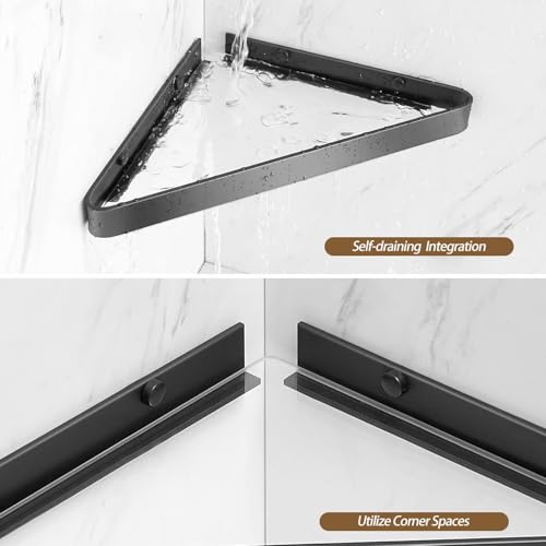 34 CM Wall Mounted Shower Shelves, 2 Tier Bathroom Caddies, Tempered Glass Floating Shelf, Black Bathroom Wall Organizer, Self-Adhesive Shower Shelf Corner