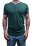 Henley Mens  Short Sleeve TShirt with 3 Buttons, Forest Green, Large