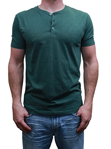 Henley Mens  Short Sleeve TShirt with 3 Buttons, Forest Green, Large