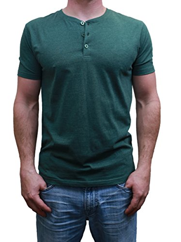 Henley Mens  Short Sleeve TShirt with 3 Buttons, Forest Green, Small