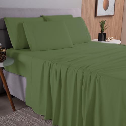 Cottonluxury Jogo de Lençol 4 peças 600 Fios Egípcio 100% Algodão Grampo Longo com Toque Acetinado - Não agride o Ambiente (Verde-Guardião, King)