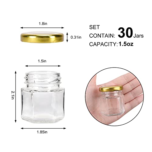 SUPERLELE 1.5oz Mini Jars Glass, 30 Pack Hexagon Small Jars with Golden