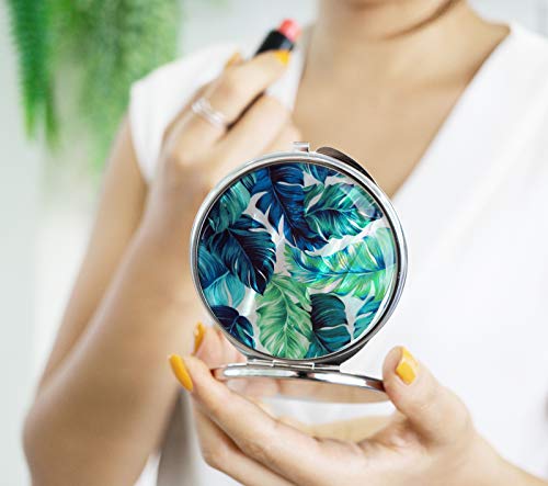 Makeup-Compact-Pocket-Mirror-Mother-of-Pearl-Metal-Round-Double-Sided-Folding-Magnify-Tropical-Palm-Leaves-Green