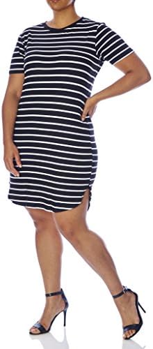 [77636XR-BLK/WHT-2X] Love Collection Mini Dress, Plus Size, Stripe Print with Solid Sleeve, Round Hem