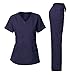 Dagacci Medical Uniform Women's Scrubs Set Stretch Ultra Soft Y-Neck Wrap Top and Pants Navy M