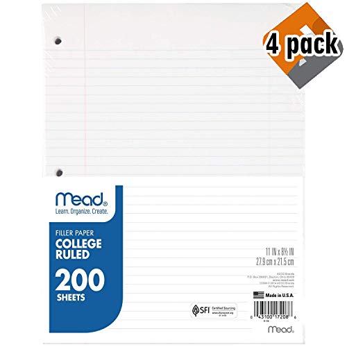 Mead Loose Leaf Paper, Filler Paper, College Ruled, 200 Sheets, 11" x 8-1/2", 3 Hole Punched, 4 Pack (17208) - Thumbnail 2