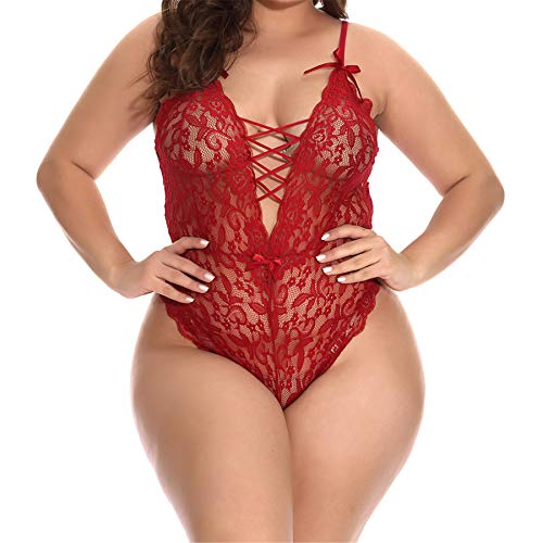Women Sexy Lingerie Plus Size Lace Babydoll Bodysuit Floral Nightwear Robe Bridal Lingerie with G-String (XL, Wine)