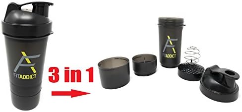 FitAddict Blender Bottle StackOn System 20-Ounce Bottle with Twist n' Lock Storage, Black on Black