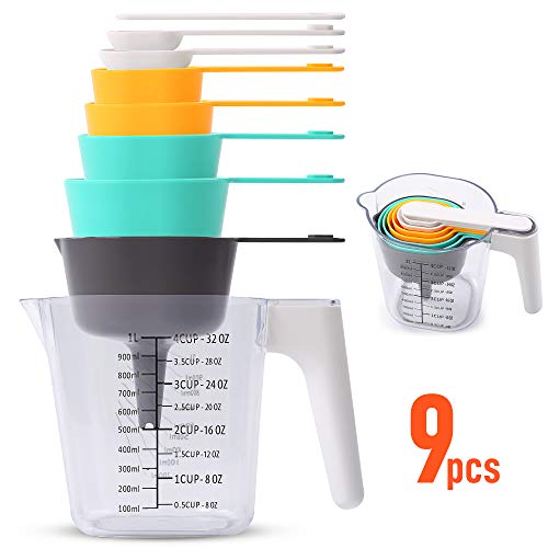 9 Piece Measuring Cups and Spoons Set, Stackable Kitchen Measurement Tools, Dry, Wet and Liquid Use, Baking and Cooking Support