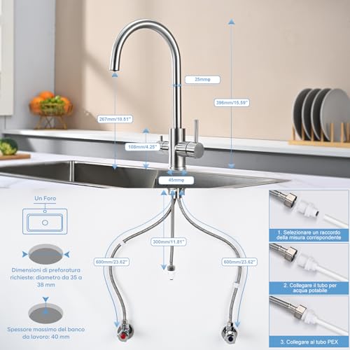 DETBOM 3 Way Kitchen Sink Tap for Osmosis Systems, 3 in 1 Double Lever Drinking Water, Hot and Cold, 360° Swivel, Stainless Steel, Brushed Silver