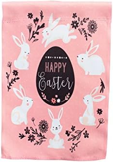Happy Easter Egg and Bunnies; Pink Garden Flag; 12 inches by 18 inches; Double Sided Reads Correctly Both Sides