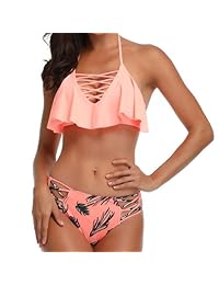 Rolaris traje de baño para dama de dos piezas traje de baño parte superior con volantes espalda cruzada con tankini inferior de cintura alta