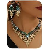 Missgrace Retro Large Green Rhinestones Crystal Bridal Wedding Jewelry Sets Crystal Choker Necklace Earrings Set Prom Formal Bar Party Teardrop Dangle Dainty Necklace Earrings for Women