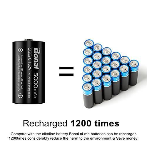 BONAI C Rechargeable Batteries 5000mAh Prerecharge, 1.2v NI-MH 4 Pieces C Rechargeable Battery, Rechargeable Batteries Type C / R14 / LR14