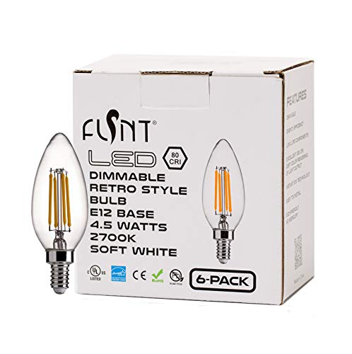 B11 E12 Base 60W Equivalent LED Chandelier Light Bulbs - FLSNT Dimmable Clear LED Filament Candle Bulbs, 4.5W, 2700K Soft White - 6 Pack