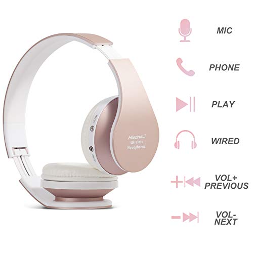 Bluetooth Headphones Wireless, yusonic Foldable Wireless and Wired Stereo Headset Built in Mic for Cell Phones, TV, PC. (Rosegold)