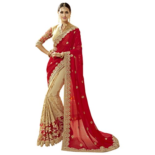 Aksaa Fashion Women's Indian Beige Embroidered Faux Georgette Net Bridal Saree, Sari