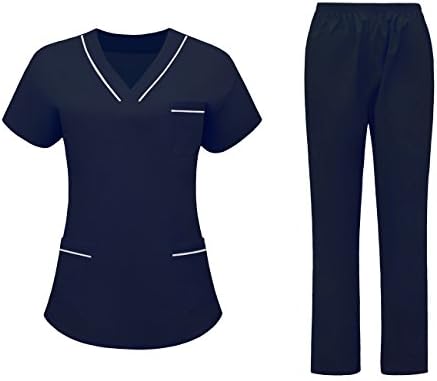 AURNEW Scrubs Medical Uniform Women and Man Scrubs Set Medical Scrubs Top and Pants (Navy, S)