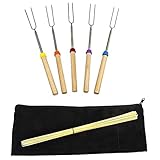 Marshmallow Roasting Sticks,Set of 5 Telescoping Extended Skewers and 10 Bamboo Skewers & Hot Dog Fork