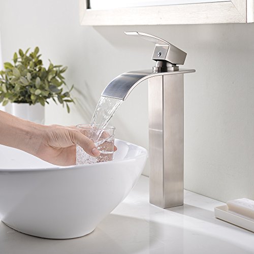VESLA HOME Single Handle Tall Waterfall Brushed Nickel Vessel Sink Bathroom Faucet, Lavatory Vanity Sink Faucet With Large Rectangular Spout