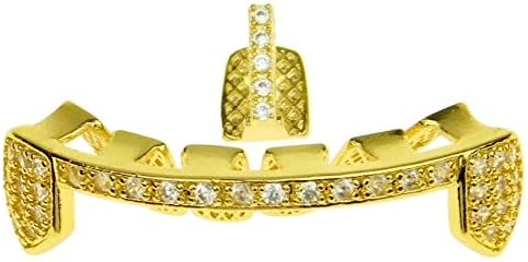 14k Gold Plated Grillz Set Gap Tooth with Bottom Bar CZ Iced Teeth Grills
