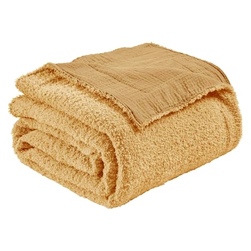 Photo 1 of EMME Muslin and Fleece Queen Blanket Reversible - 80"*90" Beige Soft Warm Throw Blankets for Couch Bed Picnic Travel Bed