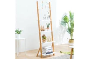 VIBELLE LA VIE EST BELLE ViBelle 5-Tier Elegant Ladder Shelf Bamboo Storage Rack Shelves Wall Leaning Shelf Unit - Great for Home Office Storage, Living Room, Indoor and Outdoor Display Rack (White)