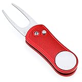 Mile High Life Golf Divot Tool Fold-able Bone Shape Pop-up Button & Magnetic Ball Marker Divot, Club Groove Cleaner Retractable Extension Cord and Clip Brush Kit (Red)