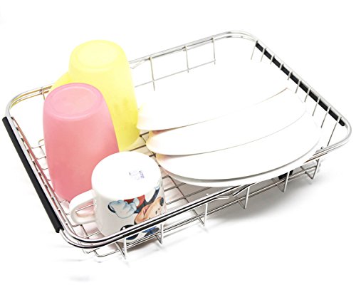 GTHUNDER Over Sink Basket Dish Drying Rack Stainless steel Kitchen organizer Strainer Dish Drainer with Adjustable Arms Holder Drying Organizer for Vegetable Fruit - Thumbnail 4