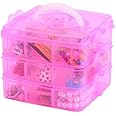 DJUNXYAN 3-Tier 18 Sections Transparent Stackable Adjustable Compartment Slot Plastic Craft Storage Box Organizer For Toy Desktop Jewelry Accessory Drawer Or Kitchen 4 Colors 3 Sizes (Medium Pink)
